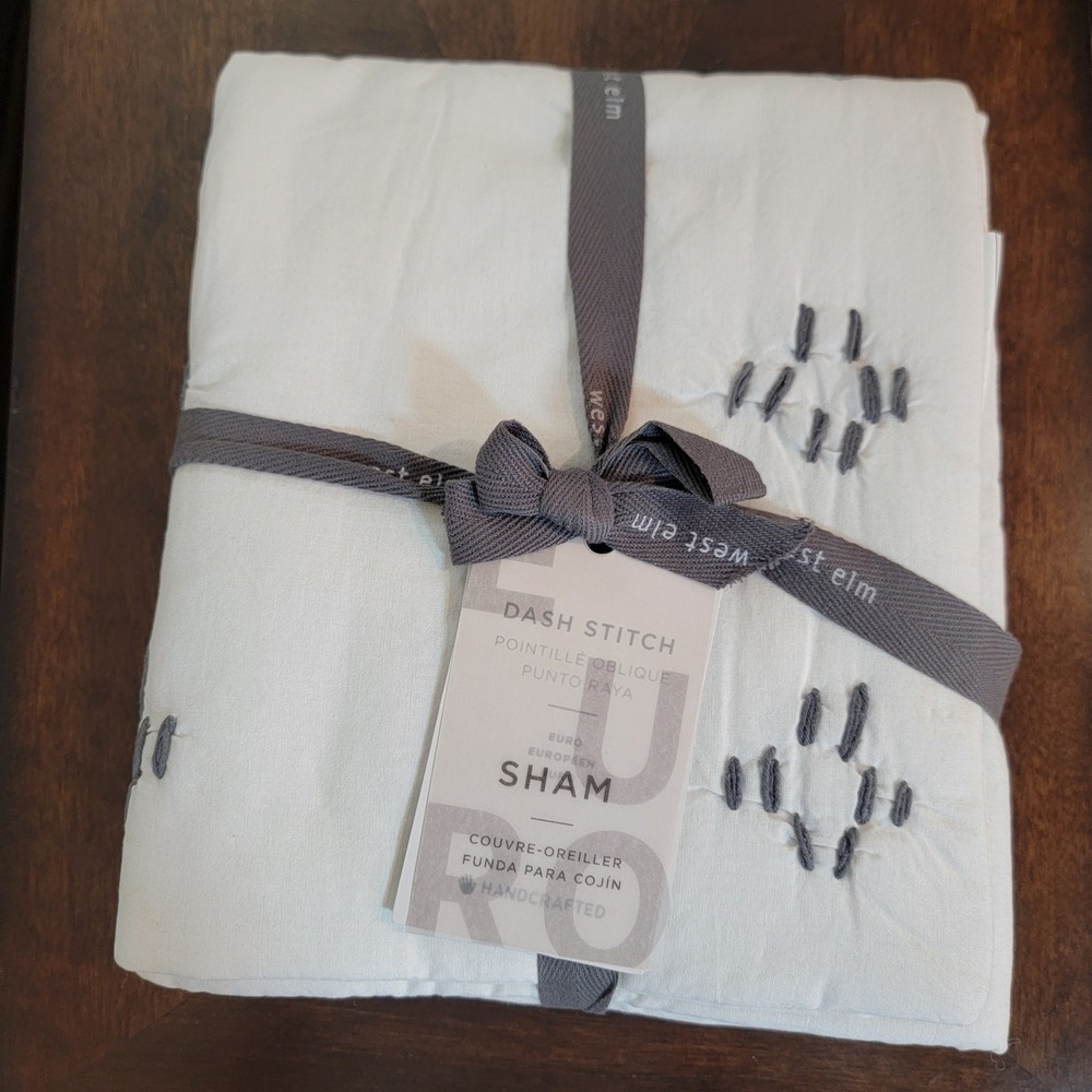 West Elm Dash Stitch Euro Sham White Grey‎ Handcrafted Cotton Quilted 808563 NEW